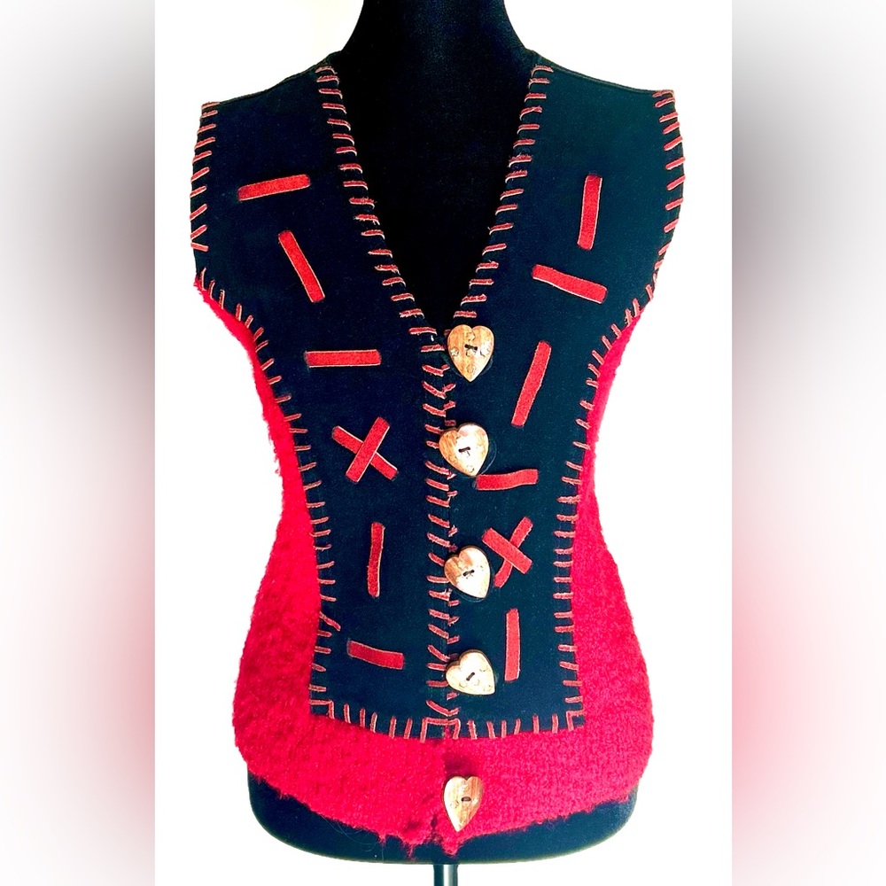 VTG Sandy Starkman Wearable Art Vest Red Wool Leather Buttons J1262 Boho 90s